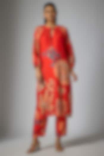 Red Bemberg Silk Floral Digital Printed & Sequin Embroidered Tunic Set by Archana Shah at Pernia's Pop Up Shop