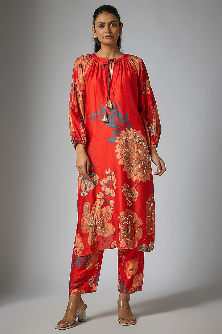 Red Bemberg Silk Floral Digital Printed & Sequin Embroidered Tunic Set by Archana Shah at Pernia's Pop Up Shop