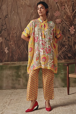 Yellow Silk Printed & Hand Embellished Kurta Set by Archana Shah