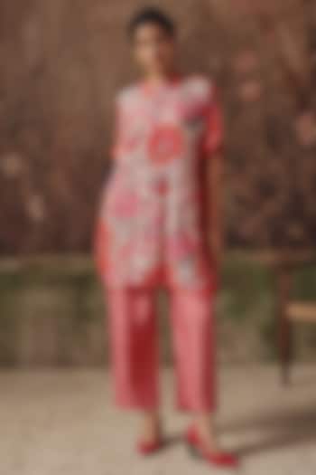 Coral Rose Silk Printed & Embellished Co-Ord Set by Archana Shah at Pernia's Pop Up Shop