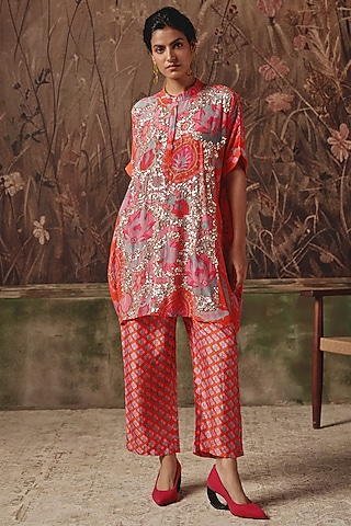 Coral Rose Silk Printed & Embellished Co-Ord Set by Archana Shah