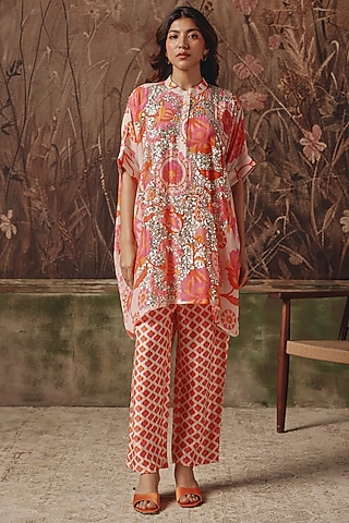 Peach Silk Printed & Embellished Co-Ord Set by Archana Shah