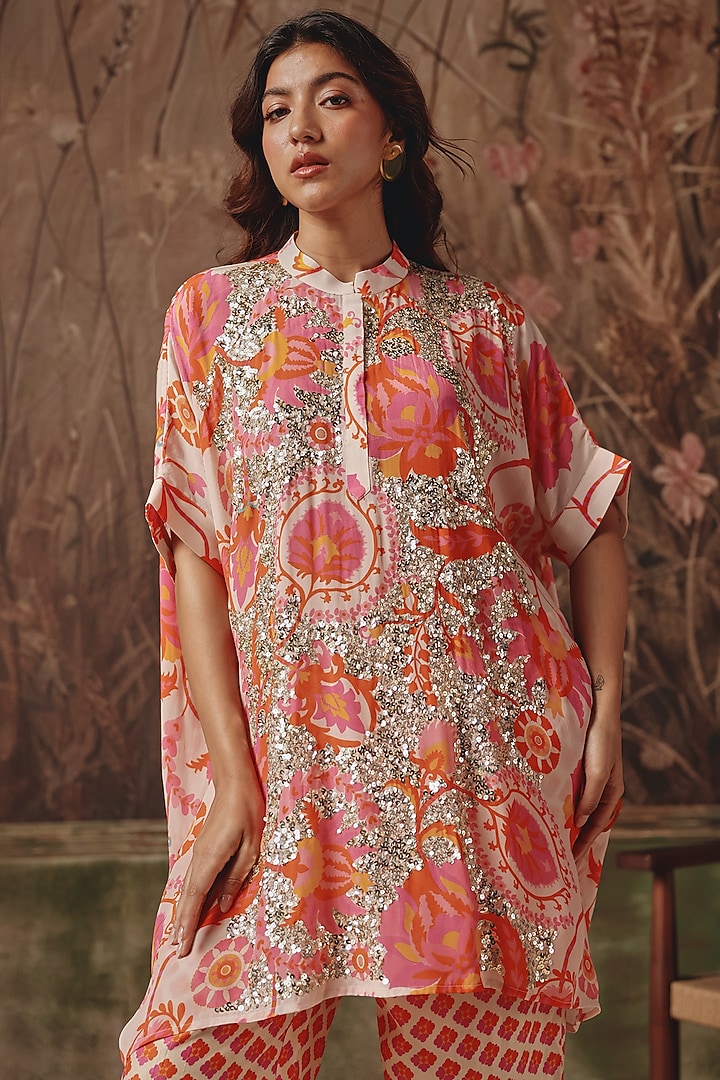 Peach Silk Printed & Embellished Co-Ord Set by Archana Shah at Pernia's Pop Up Shop