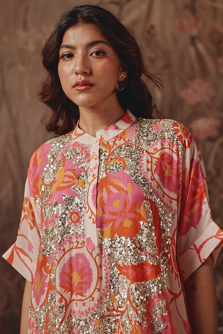 Peach Silk Printed & Embellished Co-Ord Set by Archana Shah at Pernia's Pop Up Shop