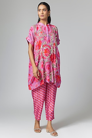 Purple Silk Printed & Sequins Work Kurta Set by Archana Shah
