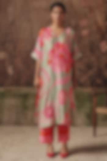 Sage Green Silk Printed & Embellished Kurta Set by Archana Shah at Pernia's Pop Up Shop