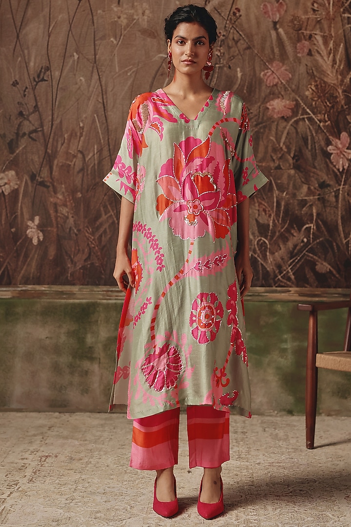 Sage Green Silk Printed & Embellished Kurta Set by Archana Shah at Pernia's Pop Up Shop