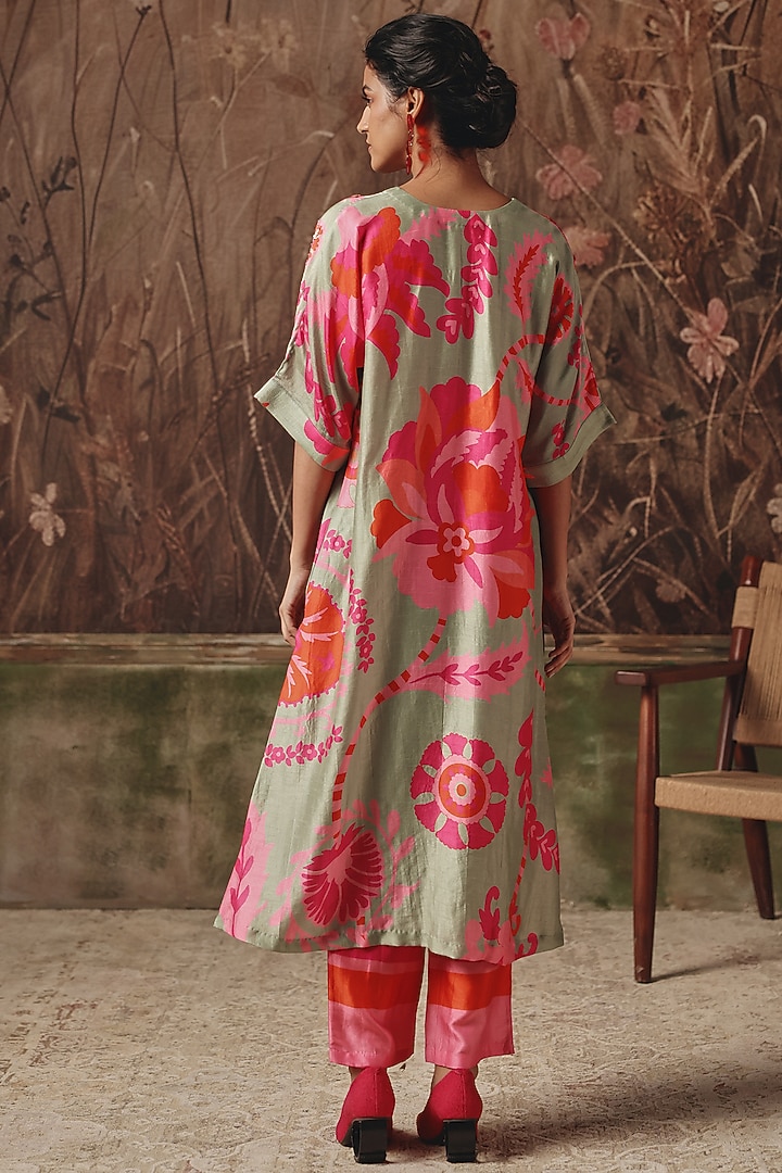 Sage Green Silk Printed & Embellished Kurta Set by Archana Shah at Pernia's Pop Up Shop