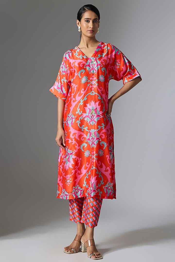 Orange Silk Floral Printed Kurta Set by Archana Shah at Pernia's Pop Up Shop