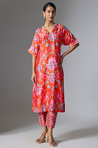 Orange Silk Floral Printed Kurta Set by Archana Shah