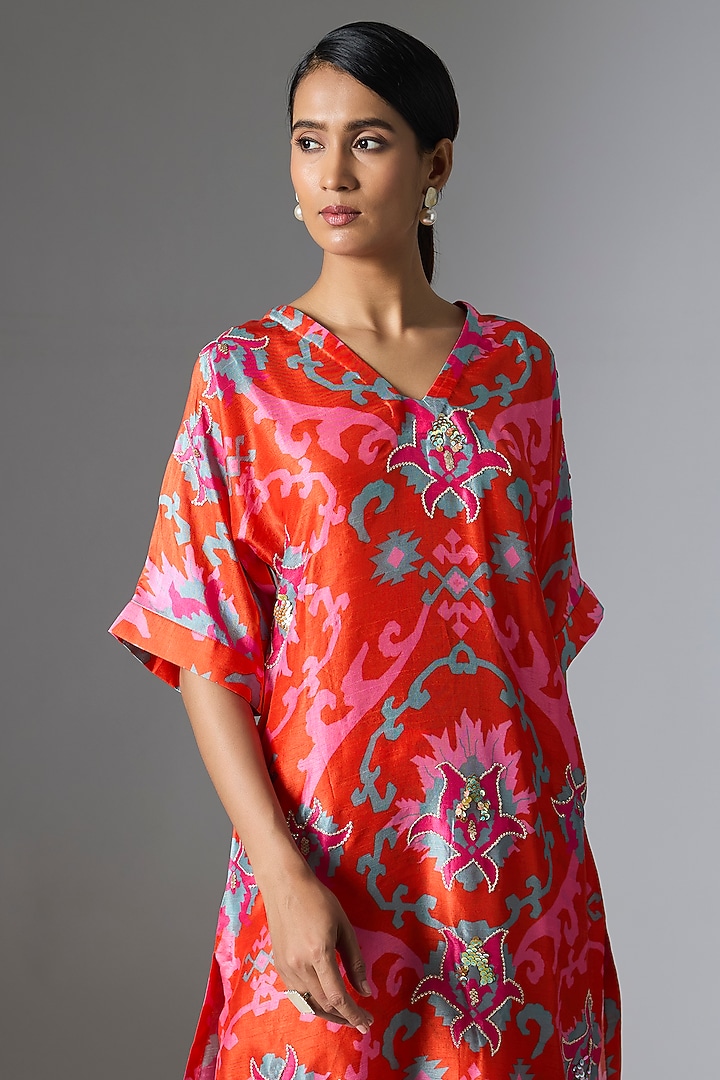 Orange Silk Floral Printed Kurta Set by Archana Shah at Pernia's Pop Up Shop