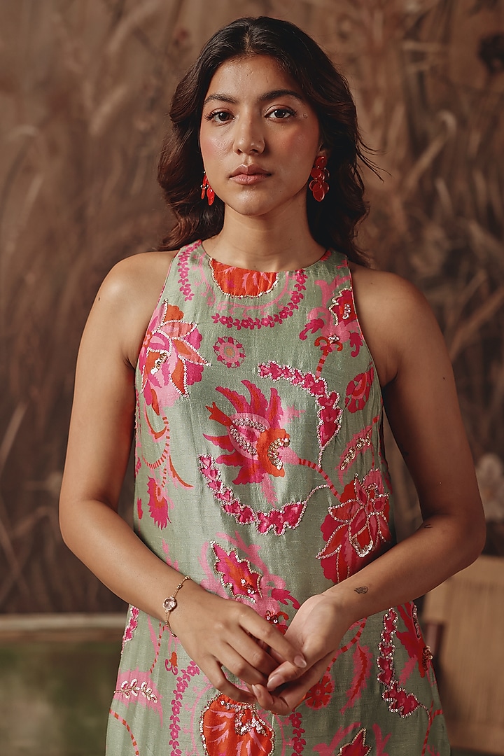 Sage Green Silk Blend Printed Kurta Set by Archana Shah at Pernia's Pop Up Shop