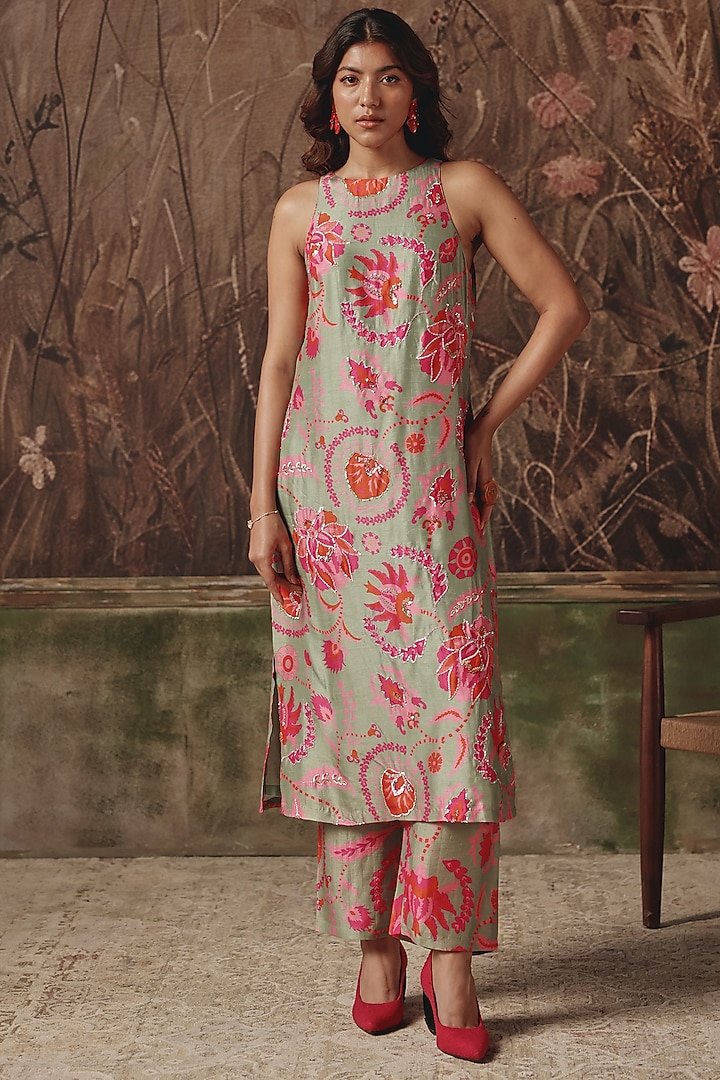 Sage Green Silk Blend Printed Kurta Set by Archana Shah at Pernia's Pop Up Shop