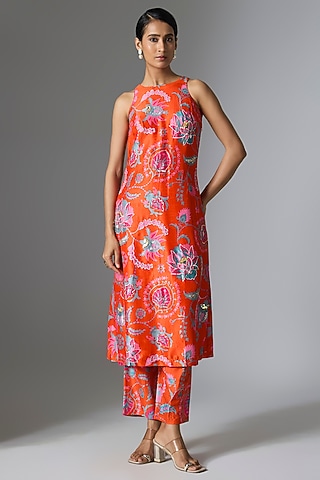 Orange Silk Floral Printed Kurta Set by Archana Shah