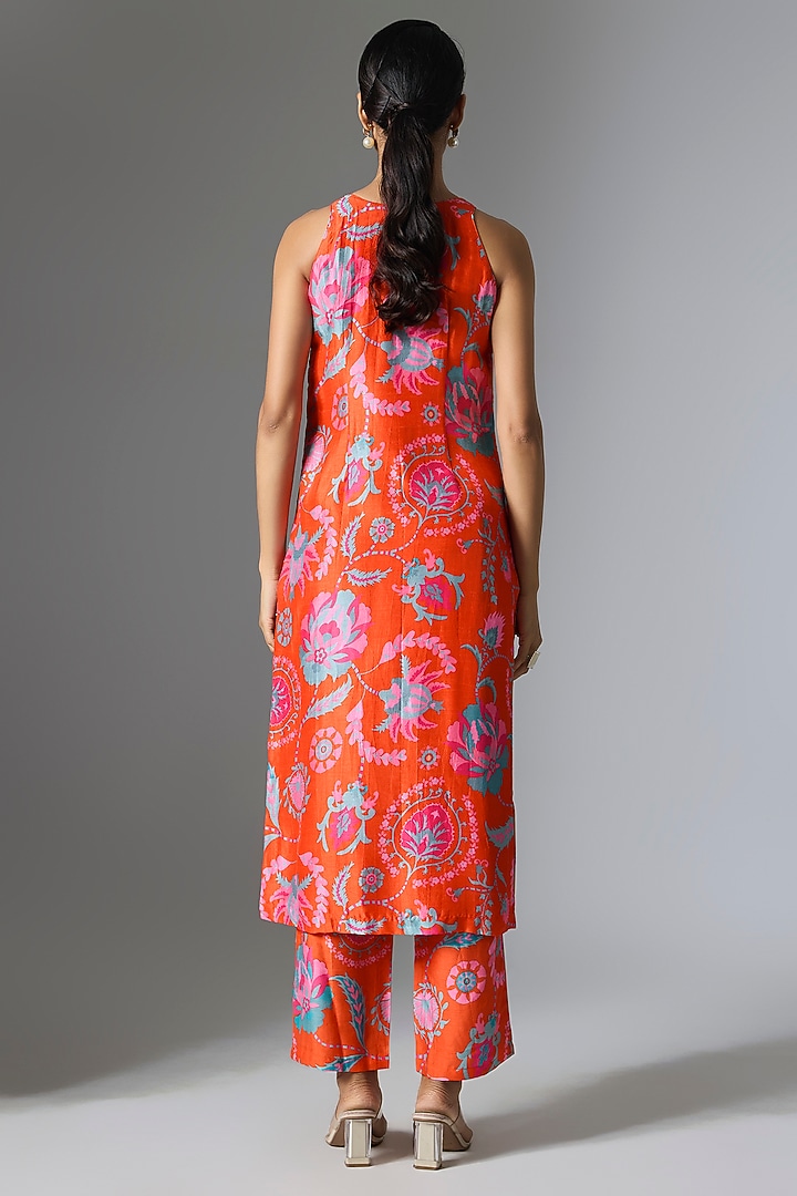 Orange Silk Floral Printed Kurta Set by Archana Shah at Pernia's Pop Up Shop
