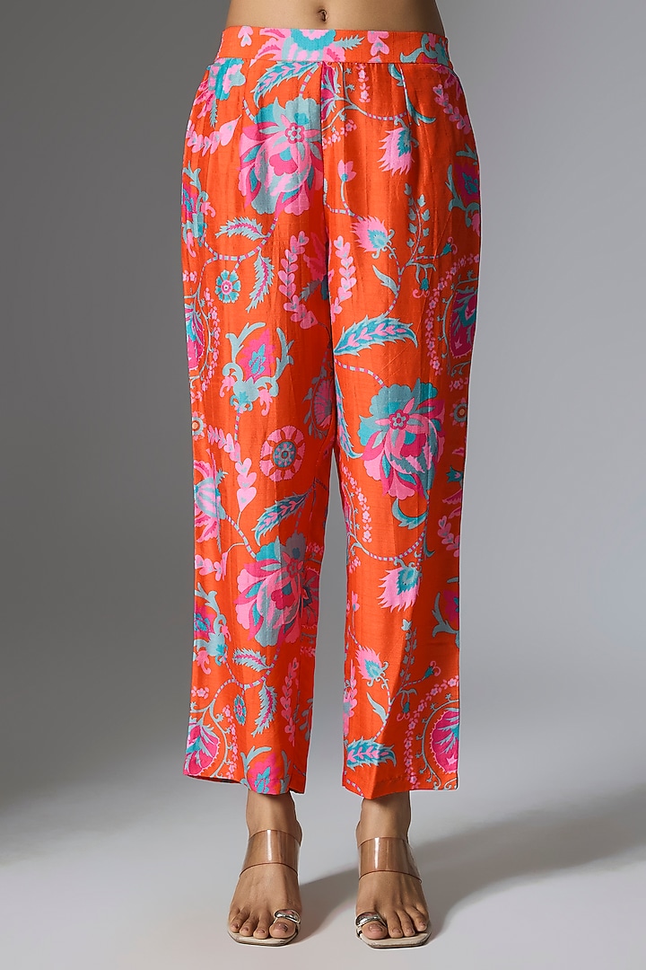 Orange Silk Floral Printed Kurta Set by Archana Shah at Pernia's Pop Up Shop