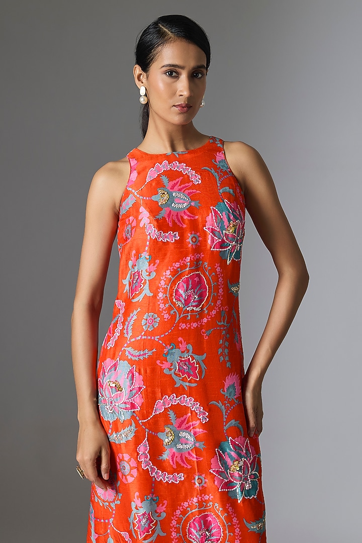 Orange Silk Floral Printed Kurta Set by Archana Shah at Pernia's Pop Up Shop