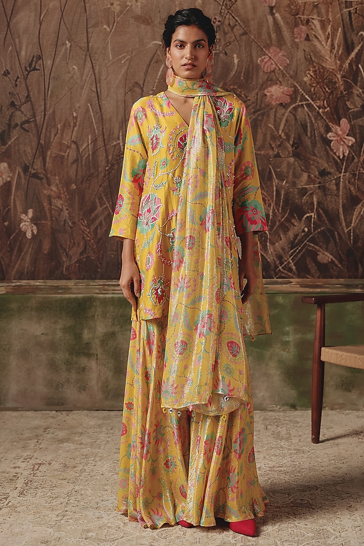 Yellow Silk Blend Printed Wedding Sharara Set by Archana Shah at Pernia's Pop Up Shop