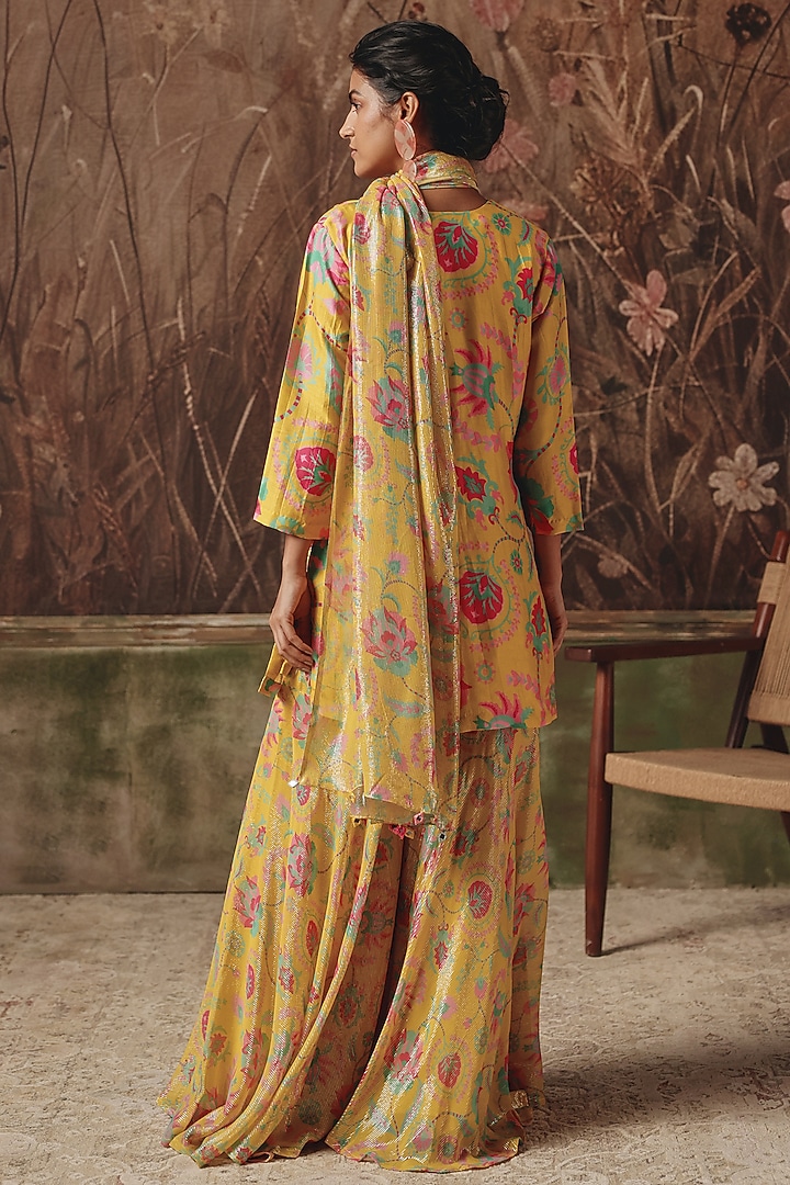 Yellow Silk Blend Printed Wedding Sharara Set by Archana Shah at Pernia's Pop Up Shop