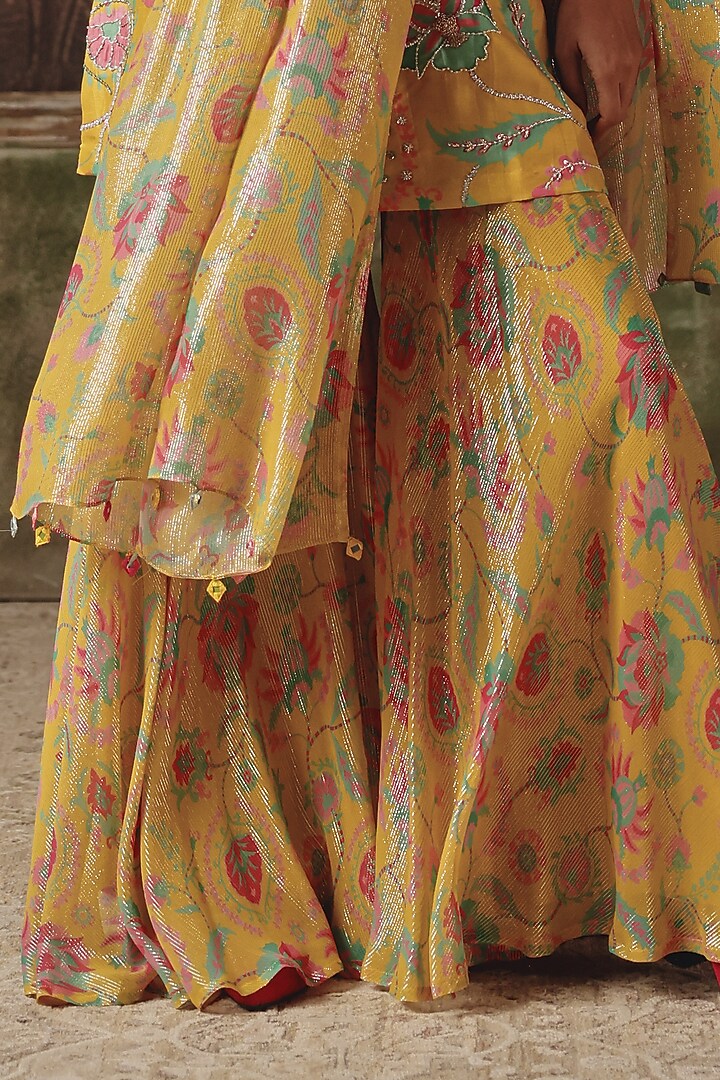 Yellow Silk Blend Printed Wedding Sharara Set by Archana Shah at Pernia's Pop Up Shop