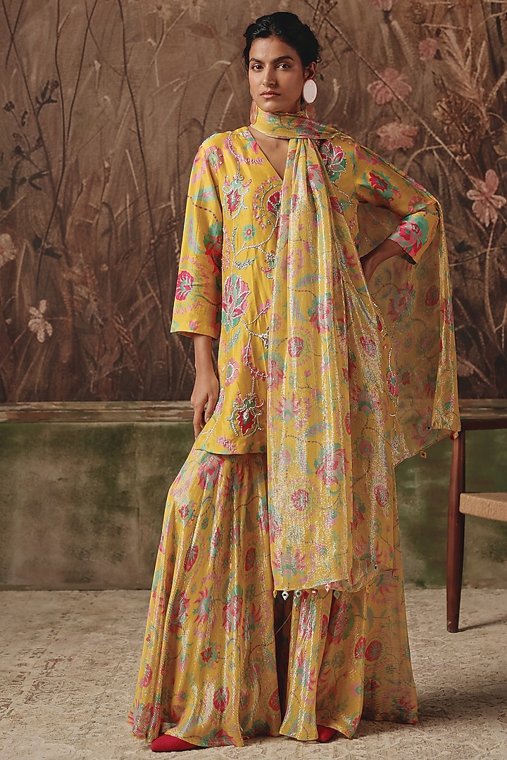 Yellow Silk Blend Printed Wedding Sharara Set by Archana Shah at Pernia's Pop Up Shop