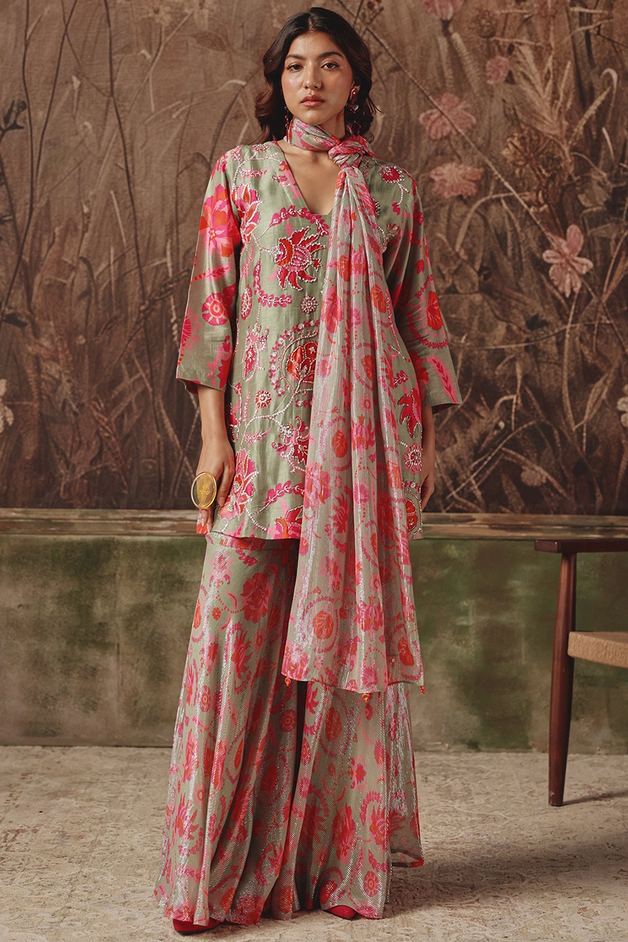 Archana Shah Grey Silk Blend Floral Printed Sharara Set