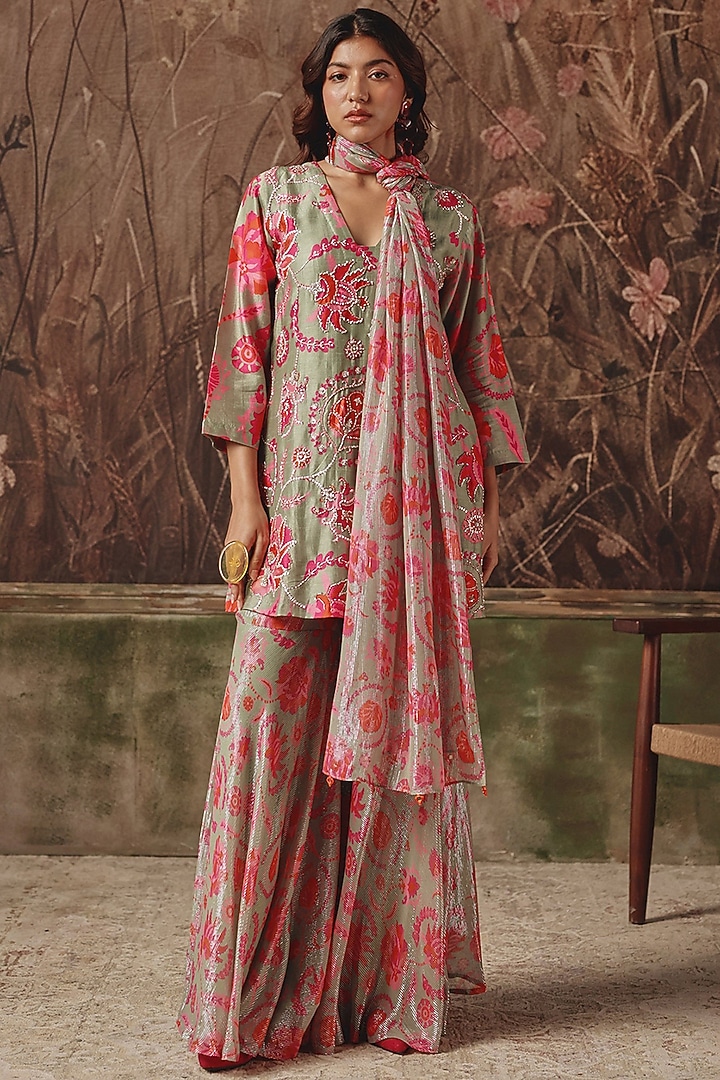 Grey Silk Blend Floral Printed Wedding Sharara Set by Archana Shah at Pernia's Pop Up Shop
