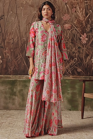 Grey Silk Blend Floral Printed Sharara Set by Archana Shah