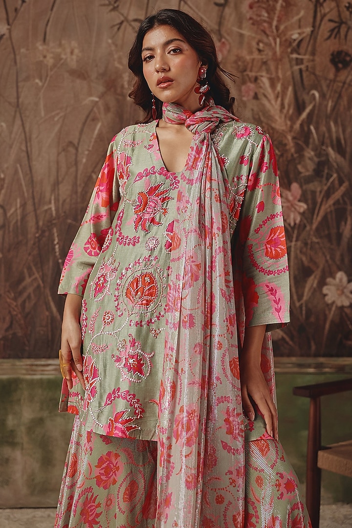 Grey Silk Blend Floral Printed Wedding Sharara Set by Archana Shah at Pernia's Pop Up Shop