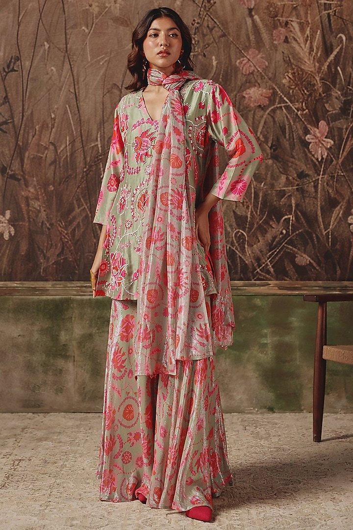 Grey Silk Blend Floral Printed Wedding Sharara Set by Archana Shah at Pernia's Pop Up Shop