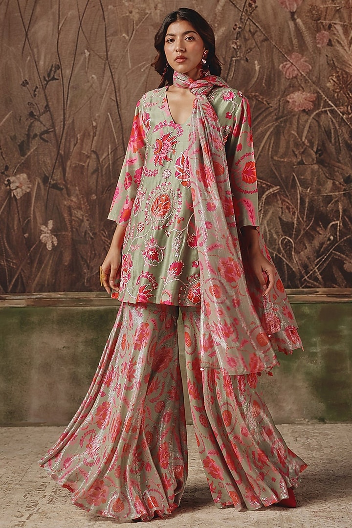 Grey Silk Blend Floral Printed Wedding Sharara Set by Archana Shah at Pernia's Pop Up Shop
