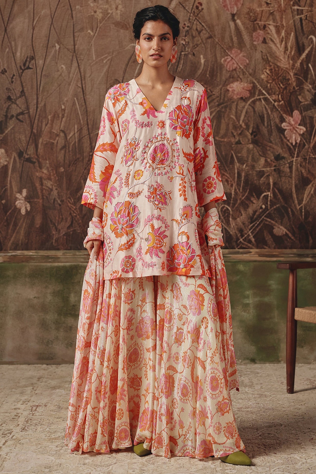 Archana Shah Cream Silk Blend Floral Printed Sharara Set