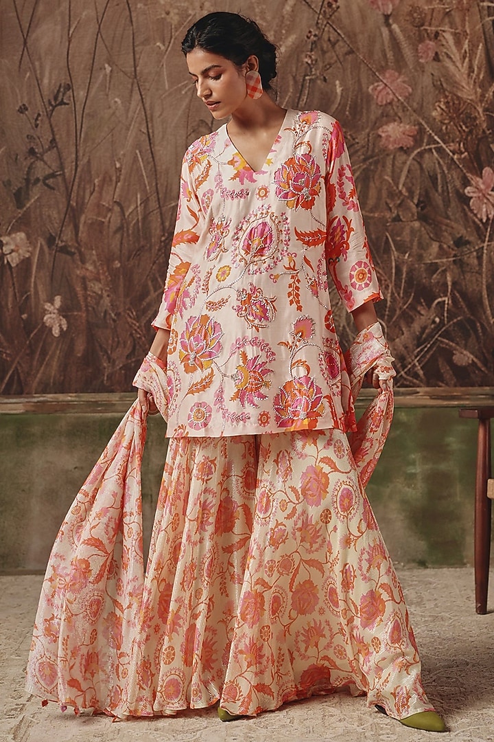Cream Silk Blend Floral Printed Wedding Sharara Set by Archana Shah at Pernia's Pop Up Shop