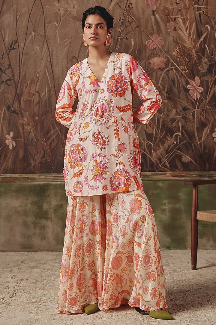 Cream Silk Blend Floral Printed Wedding Sharara Set by Archana Shah at Pernia's Pop Up Shop