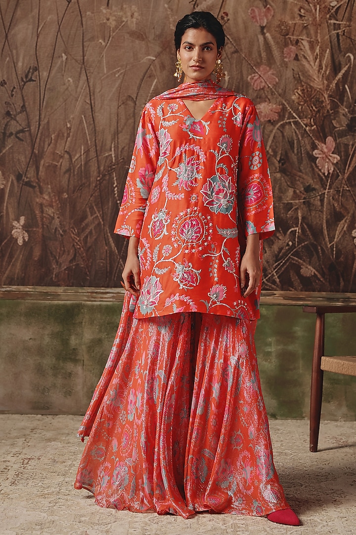 Scarlet Silk Blend Printed Wedding Sharara Set by Archana Shah at Pernia's Pop Up Shop
