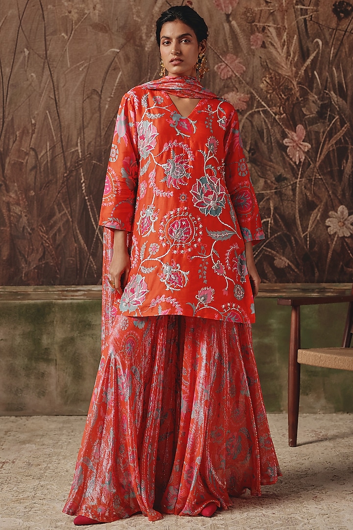 Scarlet Silk Blend Printed Wedding Sharara Set by Archana Shah at Pernia's Pop Up Shop
