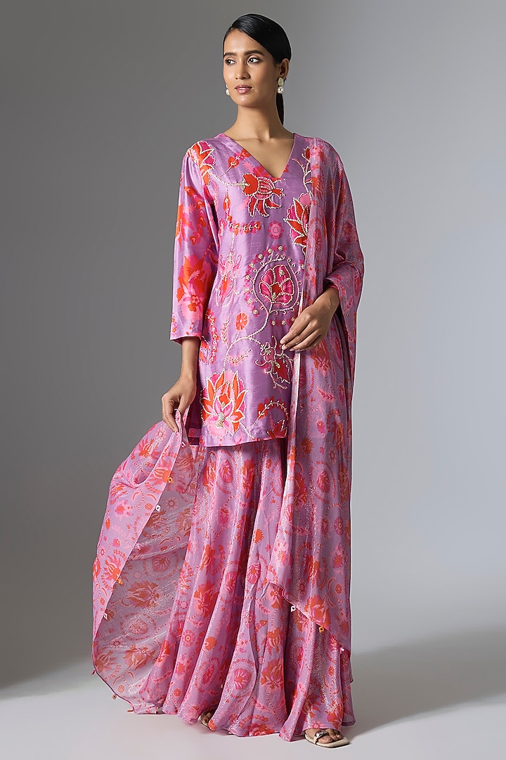 Purple Silk Blend Printed Wedding Sharara Set by Archana Shah at Pernia's Pop Up Shop