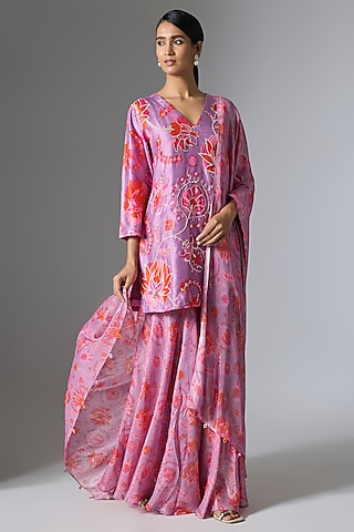 Purple Silk Blend Printed Sharara Set by Archana Shah