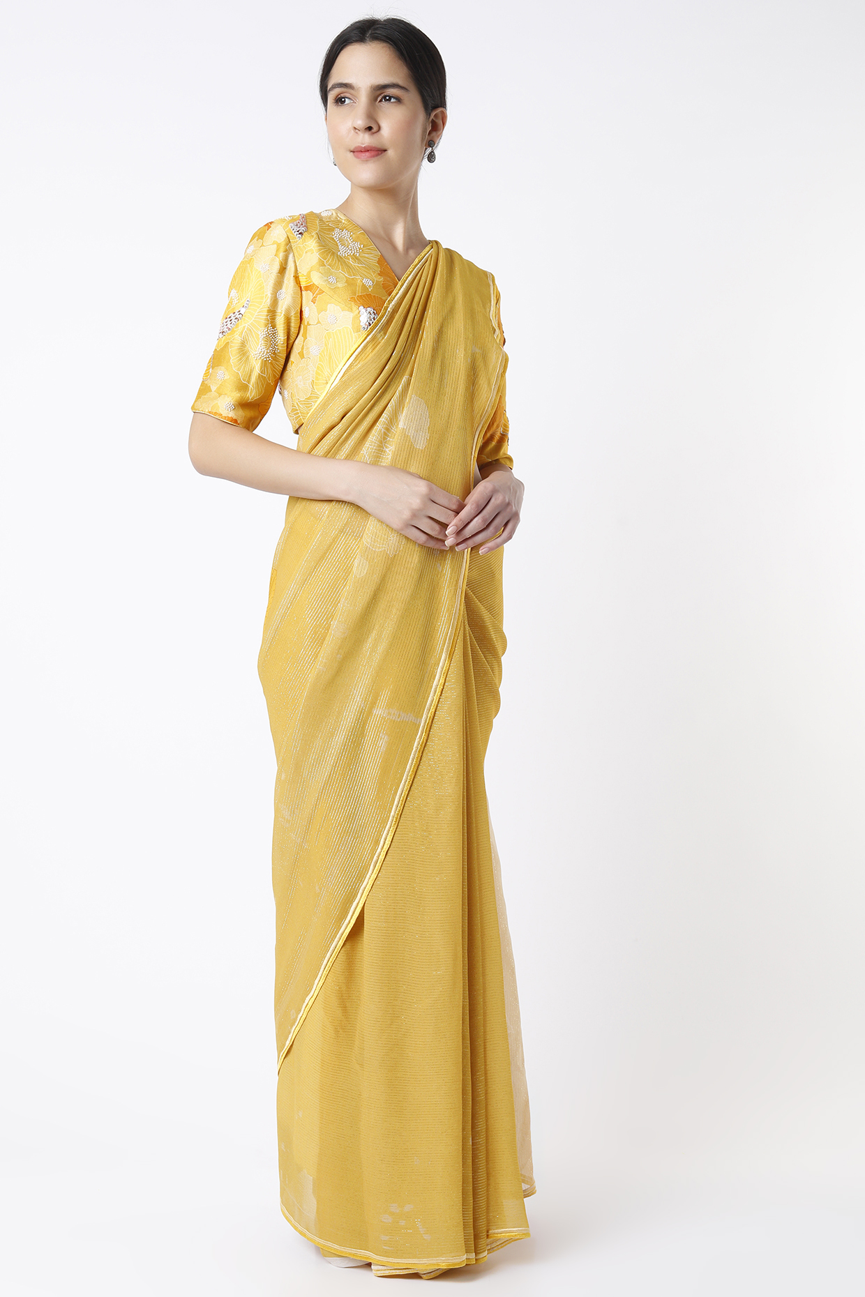 Yellow Georgette Shimmer Saree Set by Archana Shah