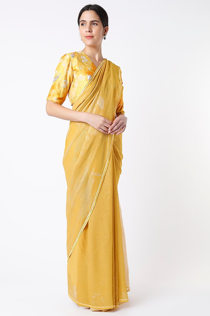 Yellow Georgette Shimmer Saree Set by Archana Shah