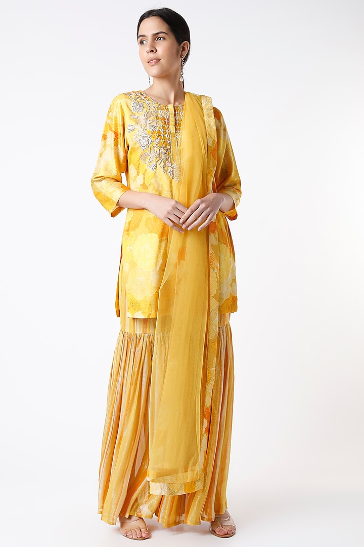 Yellow Shimmer Sharara Set by Archana Shah