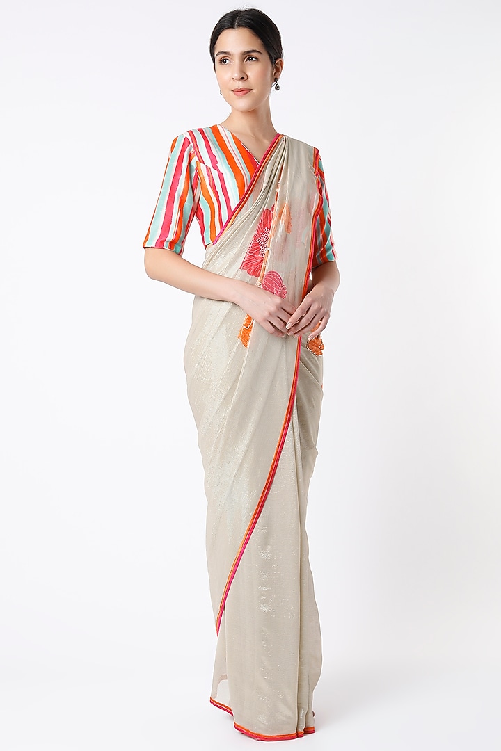 Nude Georgette Shimmer Wedding Saree Set by Archana Shah at Pernia's Pop Up Shop