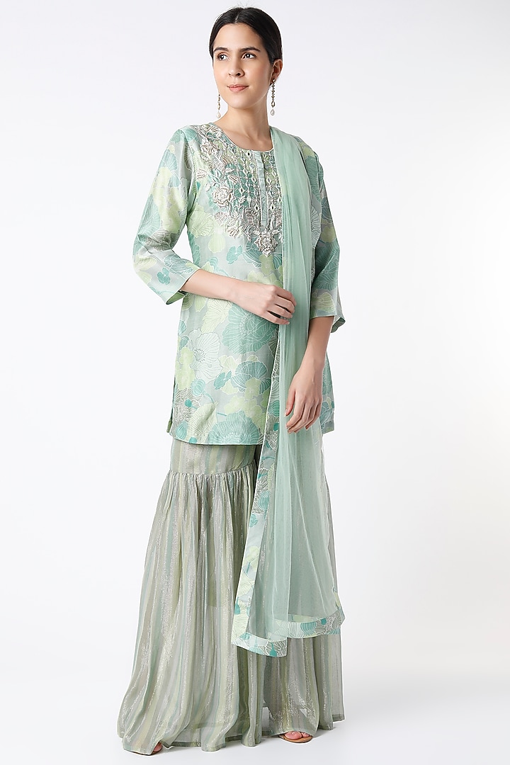 Sea Green Shimmer Party Wear Sharara Set by Archana Shah at Pernia's Pop Up Shop