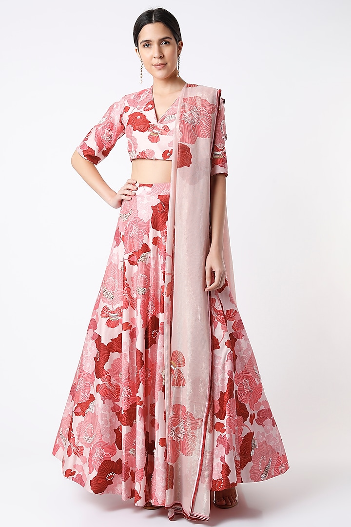 Pink Floral Lehenga Set by Archana Shah