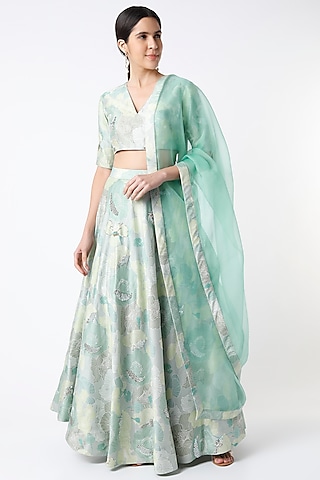 Sea Green Floral Lehenga Set by Archana Shah