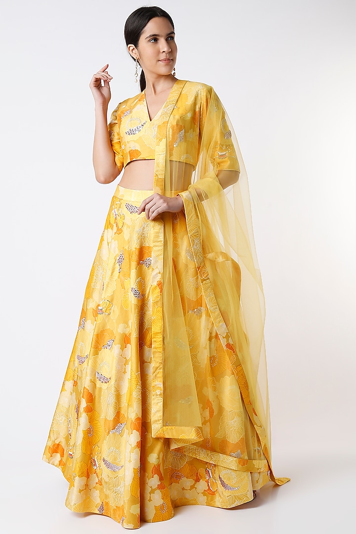 Yellow Floral Lehenga Set by Archana Shah