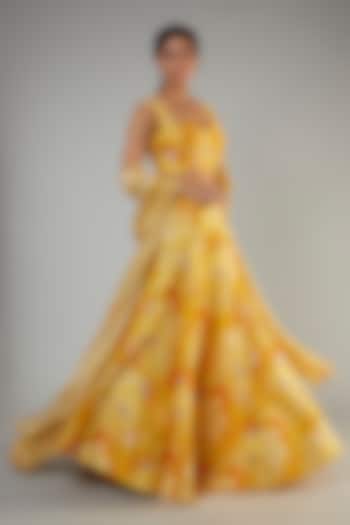 Yellow Bemberg Silk Floral Printed Wedding Lehenga Set by Archana Shah at Pernia's Pop Up Shop
