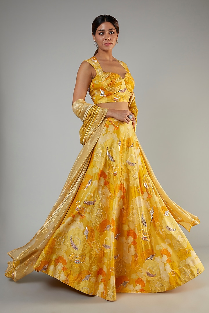 Yellow Bemberg Silk Floral Printed Wedding Lehenga Set by Archana Shah at Pernia's Pop Up Shop