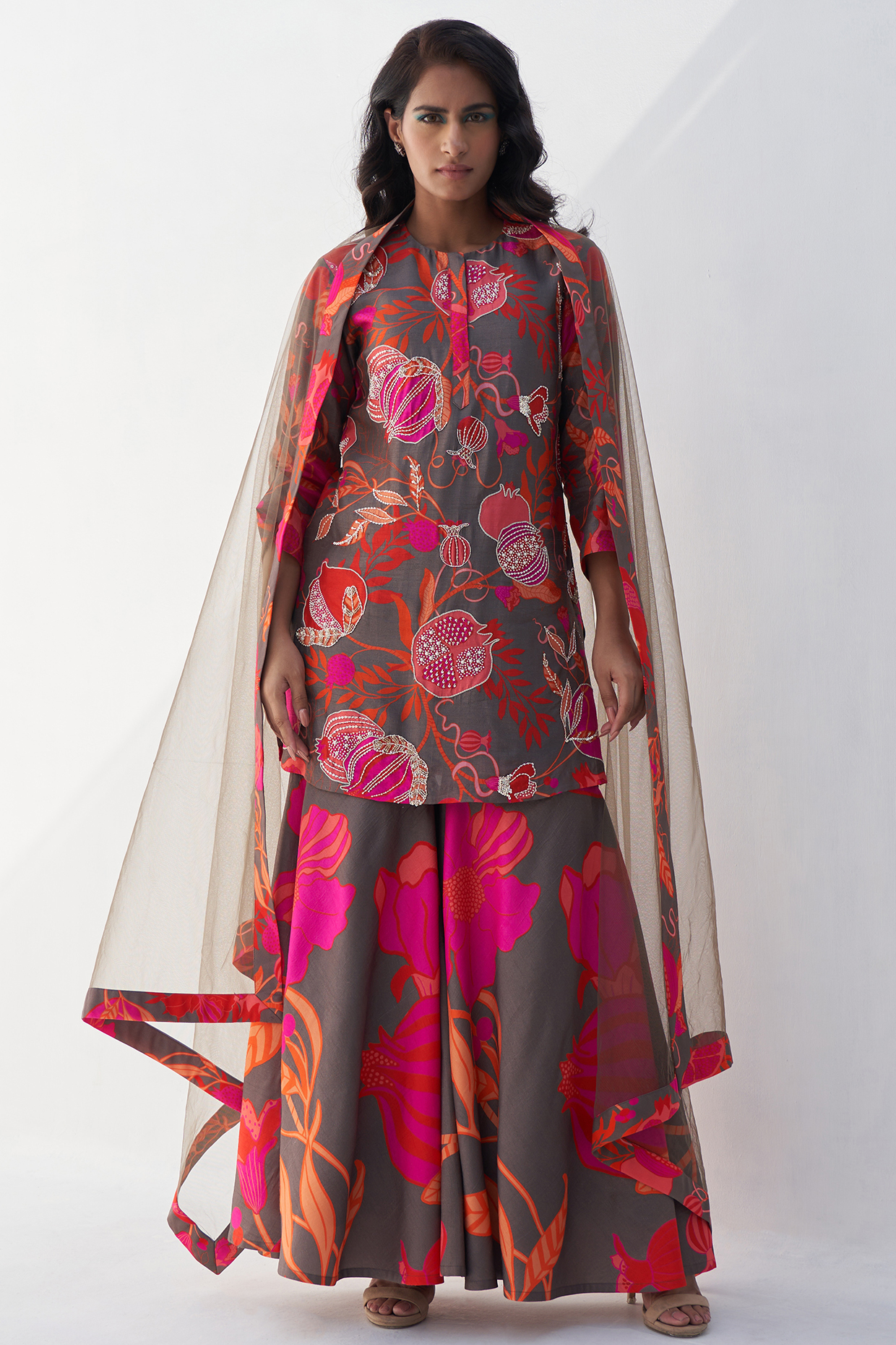 Grey Silk Party Wear Sharara Set by Archana Shah at Pernia's Pop Up Shop