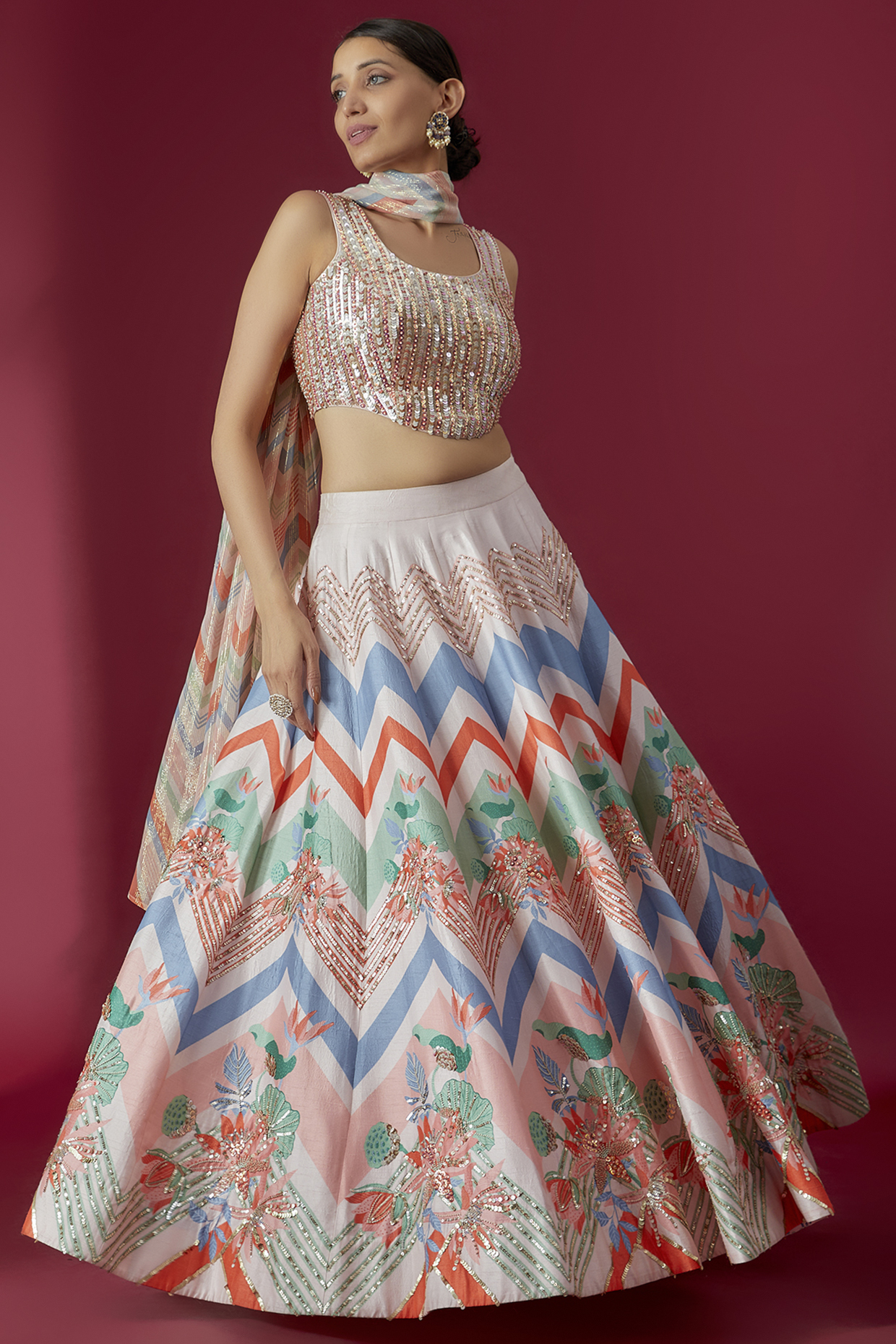 Ivory Bemberg Silk Floral Printed Lehenga Set by Archana Shah